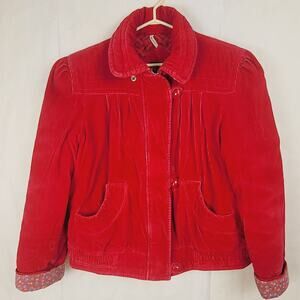 Vintage New York Girl red corduroy puff shoulder floral cuff coat Large Y2K Ski